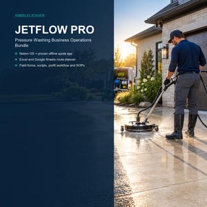 Puede incluir: El paquete Jetflow Pro Pressure Washing Business Operations incluye Notion OS, una aplicación de presupuestos sin conexión, planificadores de rutas en Excel y Google Sheets, formularios, guiones, flujos de beneficios y SOP.