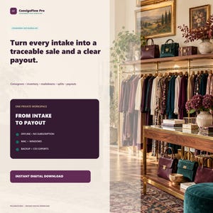 Puede incluir: Un anuncio digital para el software ConsignFlow Pro con el texto: Turn every intake into a traceable sale and a clear payout. Incluye funciones: Offline, No Subscription, Mac + Windows, Backup + CSV Exports e Instant Digital Download.