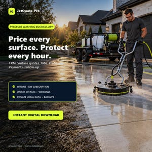Op de afbeelding: Een digitale advertentie voor de JetQuote Pro hogedrukreinigingssoftware. De tekst luidt: Price every surface. Protect every hour. CRM. Surface quotes. Jobs. Profit. Payments. Follow-up. Offline - no subscription. Works on Mac + Windows. Private local data + backups. Instant digital download.