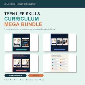 Puede incluir: Un paquete de plan de estudios digital titulado Teen Life Skills Curriculum Mega Bundle de Pix Lark Studio. Incluye siete recursos para carrera, dinero, negocios y vida independiente, con presentaciones PowerPoint editables, juegos, imprimibles y guías para docentes para edades de 13 a 18 años.