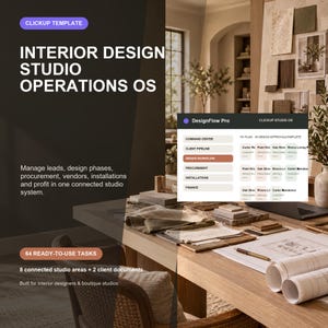 Peut inclure: Un modèle ClickUp numérique pour les opérations de studio de design d'intérieur. L'interface affiche un tableau de bord DesignFlow Pro avec des sections pour le centre de commande, le pipeline client, le flux de travail, les achats et la finance.