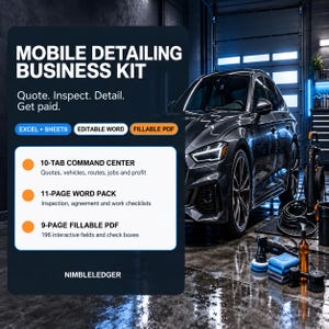 May include: A digital mobile detailing business kit featuring a 10-tab command center, 11-page word pack, and 9-page fillable PDF with 196 interactive fields. The text reads Mobile Detailing Business Kit, Quote. Inspect. Detail. Get paid. Nimbleledger.