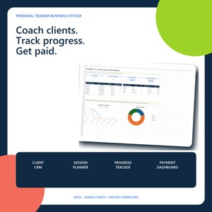Puede incluir: Un sistema de negocio digital para entrenadores personales con el texto "Personal Trainer Business System," "Coach clients. Track progress. Get paid." y una hoja de cálculo de panel de cliente con gráficos, además de etiquetas para Client CRM, Session Planner, Progress Tracker y Payment Dashboard.