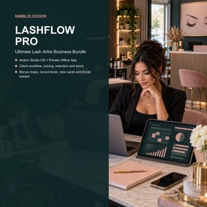 May include: A digital business bundle titled Nimbleledger Lashflow Pro, featuring a Notion Studio OS, client workflow tools, and tracking resources. The text lists features including a private offline app, pricing, retention, stock, bonus maps, a record book, care cards, and an Excel tracker.