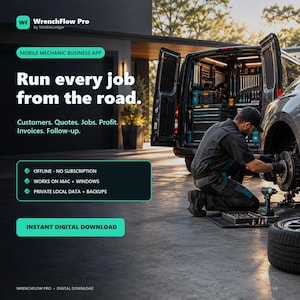 May include: WrenchFlow Pro by NimbleLedger mobile mechanic business app advertisement. Text reads: Run every job from the road. Customers. Quotes. Jobs. Profit. Invoices. Follow-up. Features: Offline, Mac and Windows compatible, local data.