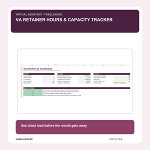 May include: A digital spreadsheet template titled VA Retainer Hours & Capacity Tracker. The dashboard displays columns for clients, revenue, and capacity, with a monthly review checklist section. The interface features dark purple headers.