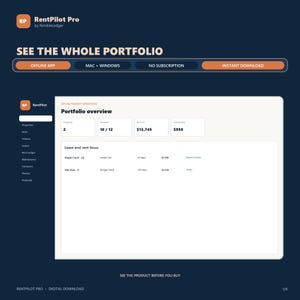Puede incluir: Una interfaz de software digital para RentPilot Pro de NimbleLedger, con un fondo azul oscuro y texto claro. El panel muestra una descripción general de la cartera con métricas de propiedad, detalles de arrendamiento y datos de alquiler.