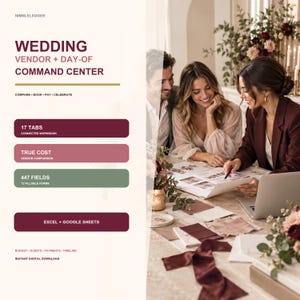 Puede incluir: Una plantilla digital de centro de mando para bodas con el texto Wedding Vendor + Day-Of Command Center, 17 Tabs, True Cost, 447 Fields y Excel + Google Sheets. El diseño incluye acentos en color burdeos, rosa y verde salvia.