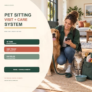 Puede incluir: Un sistema digital de visitas y cuidado de mascotas con 16 pestañas, un registro de pruebas de visita y actualizaciones de cuidado, y 330 campos en 12 formularios rellenables. El sistema es compatible con Excel y Google Sheets para perfiles y pagos.