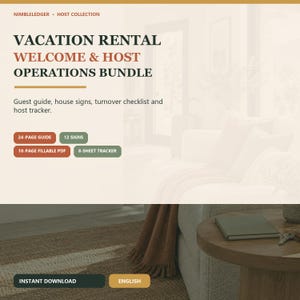 Puede incluir: Un paquete digital titulado Vacation Rental Welcome & Host Operations Bundle de Nimbleledger. Incluye una guía de 24 páginas, 12 letreros, un PDF rellenable de 10 páginas y un rastreador de 8 hojas para guías y listas de anfitriones.