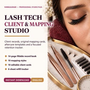 Könnte beinhalten: Ein digitales Produkt mit dem Titel LASH TECH CLIENT & MAPPING STUDIO, das ein 14-seitiges ausfüllbares Buch, 10 Mapping-Stile, 10 bearbeitbare Kundenkarten und einen 6-Blatt-Nachfüll-Tracker enthält. Das Bild zeigt roségoldene Pinzetten, eine Bürste und Wimpern.