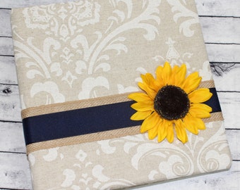 Wedding Memory Book, Sunflower Wedding Guest Book, Bridal Shower Book, Scrapbook, Rustic, Burlap, Navy and Yellow, Personalized Gift, Custom