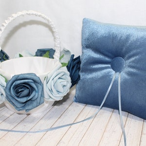 Ring Bearer Pillow and Flower Girl Basket set, Boho Velvet Ring Pillow, White Flower Girl Basket, Dusty Blue Wedding ideas, Small Baskets image 5