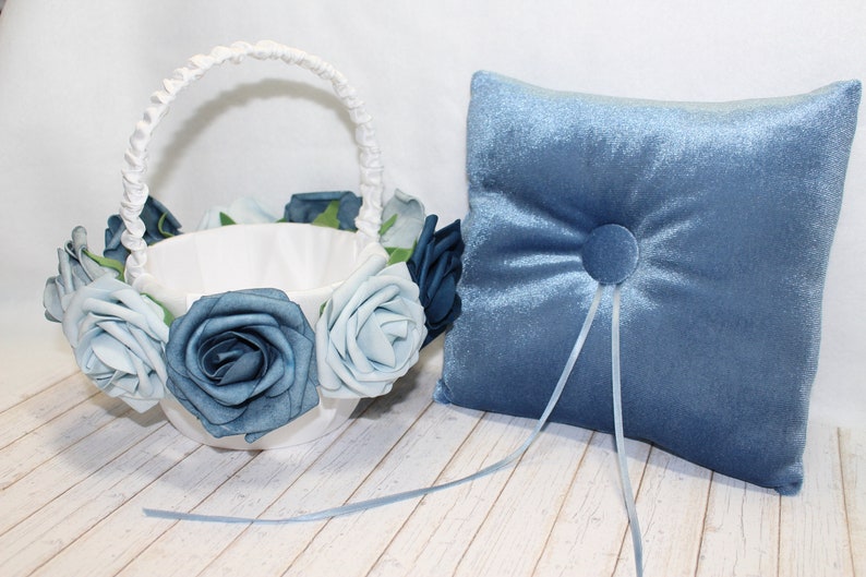 Ring Bearer Pillow and Flower Girl Basket set, Boho Velvet Ring Pillow, White Flower Girl Basket, Dusty Blue Wedding ideas, Small Baskets image 5