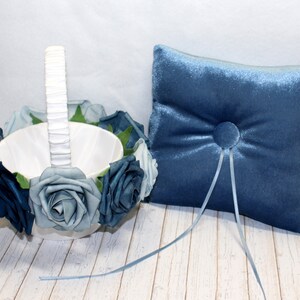 Ring Bearer Pillow and Flower Girl Basket set, Boho Velvet Ring Pillow, White Flower Girl Basket, Dusty Blue Wedding ideas, Small Baskets image 2