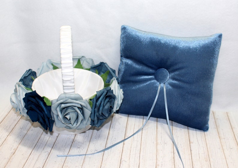 Ring Bearer Pillow and Flower Girl Basket set, Boho Velvet Ring Pillow, White Flower Girl Basket, Dusty Blue Wedding ideas, Small Baskets image 2