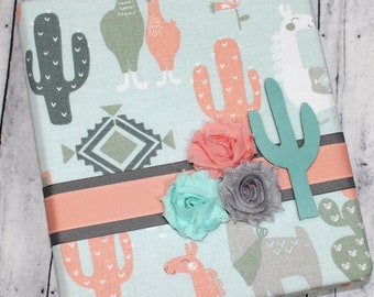 Baby Memory Book Girl, Baby Journal, Baby Girl Baby Book, Llama, Cactus, Peach, Pink, Mint, Coral, Scrapbook Album, Baby Shower Guest Book