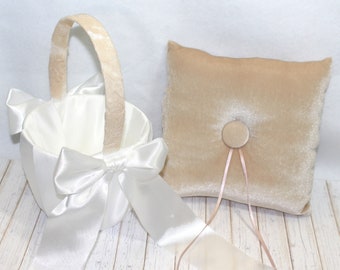 Ivory Ring Bearer Pillow and Flower Girl Basket Set, Flower Girl Baskets,  Champagne Velvet Ring Pillow, Small Ivory Satin Basket with Bows