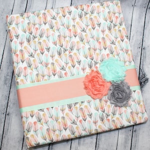 Baby Memory Book, Baby Book Girl, Boho Baby Book, Feathers, Coral, Peach, Mint, Baby Scrapbook, Keepsake Album, Baby Journal, Milestones