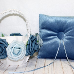 Ring Bearer Pillow and Flower Girl Basket set, Boho Velvet Ring Pillow, White Flower Girl Basket, Dusty Blue Wedding ideas, Small Baskets image 1