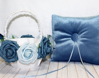 Ring Bearer Pillow and Flower Girl Basket set, Boho Velvet Ring Pillow, White Flower Girl Basket, Dusty Blue Wedding ideas, Small Baskets