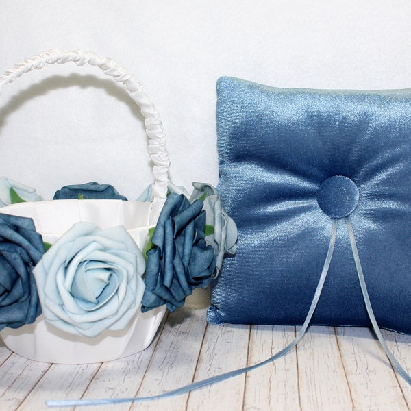 Ring Bearer Pillow and Flower Girl Basket set, Boho Velvet Ring Pillow, White Flower Girl Basket, Dusty Blue Wedding ideas, Small Baskets