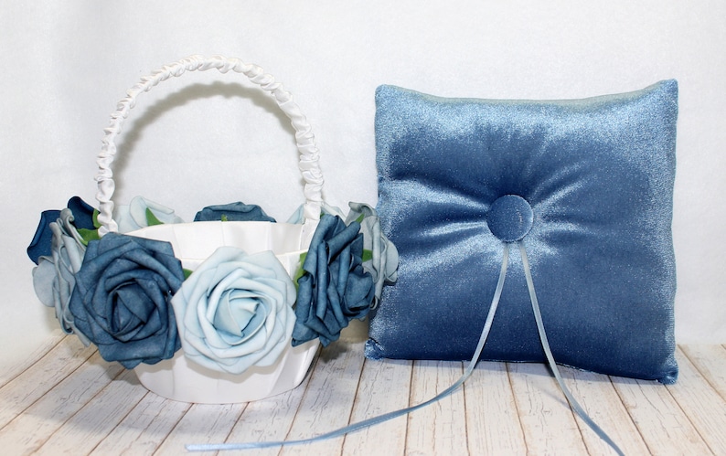 Ring Bearer Pillow and Flower Girl Basket set, Boho Velvet Ring Pillow, White Flower Girl Basket, Dusty Blue Wedding ideas, Small Baskets image 1