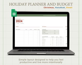 May include: A laptop screen displaying a printable holiday planner and budget template for Christmas, Hanukkah, and Diwali. The template includes sections for gift ideas, gift expenses, and a summary of total gift expenses and budget. The year 2024 is highlighted in red.