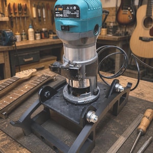May include: A Katsu brand electric wood router with a teal motor housing and silver metal base, mounted onto a black metal planing sled. The router features a black power switch, a power cord, and a label with technical specifications.