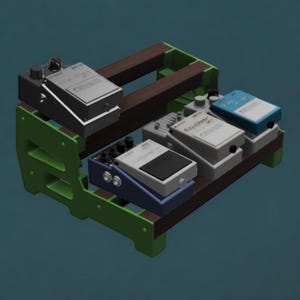 Può includere: Un pedalboard verde e marrone con quattro pedali per effetti per chitarra. I pedali sono etichettati "EQ", "Overdrive", "Compressor" e "Wah".