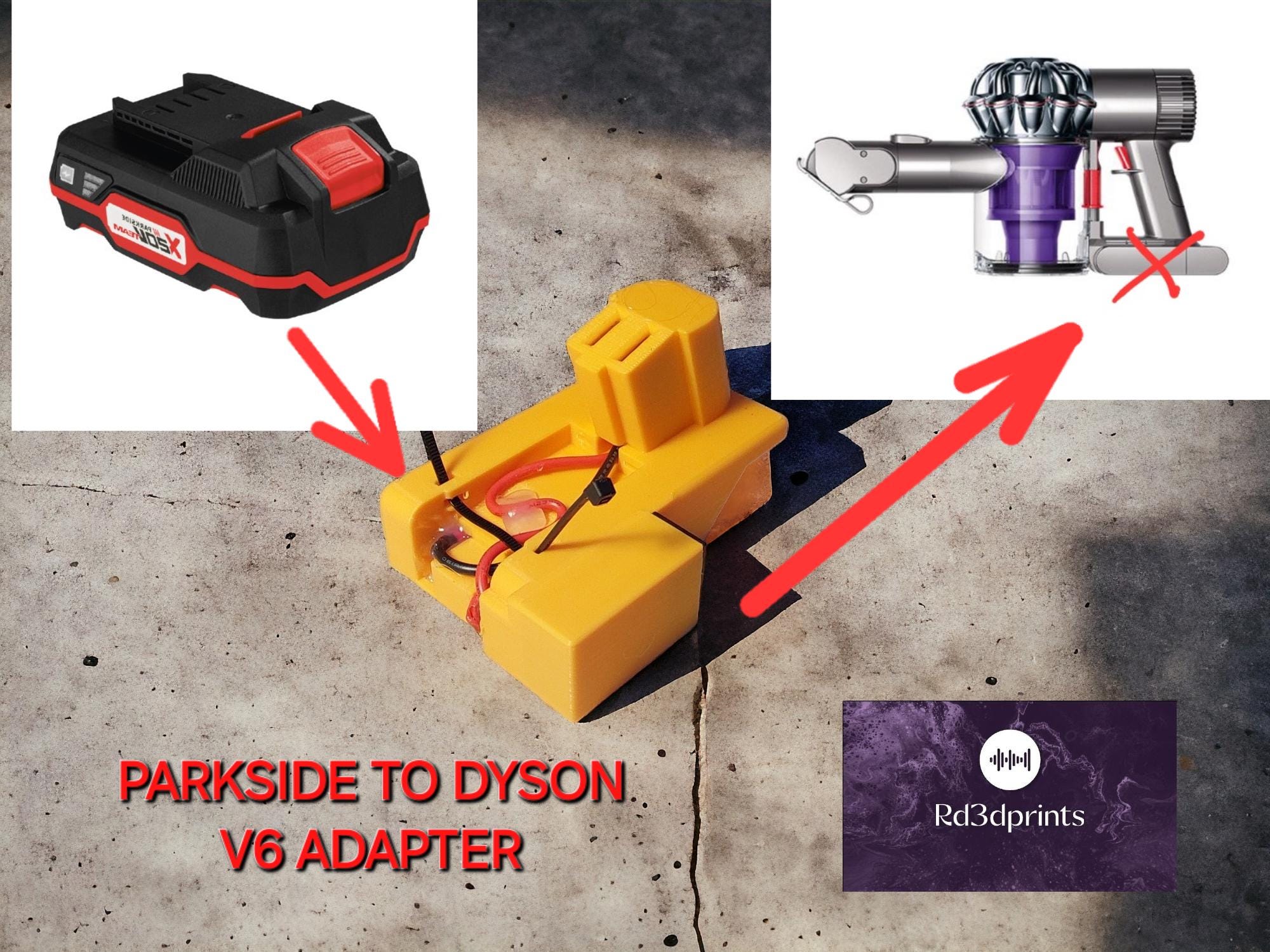 Adaptador de baterĂa Dyson V6 a Parkside X-20V con interruptor, descarga digital
