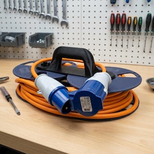 May include: An orange industrial extension lead wound around a dark blue plastic reel with a black carrying handle. The lead features two blue and white heavy-duty electrical plugs at the end, designed for high-voltage power connections in workshops.