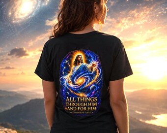 May include: Black t-shirt with a colourful graphic on the back depicting Jesus in a swirling galaxy. The text reads "ALL THINGS THROUGH HIM AND FOR HIM - COLOSSIANS 1:16-17". The person is wearing blue jeans and is standing on a rocky surface.