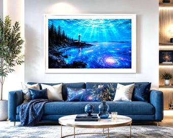 Cosmic Lighthouse Poster, Surreal Galaxy Ocean Wall Art, Pacific Northwest Coastal Print