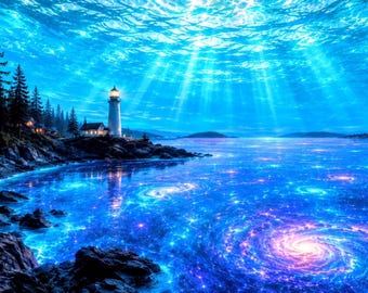 Cosmic Lighthouse Poster, Surreal Galaxy Ocean Wall Art, Pacific Northwest Coastal Print