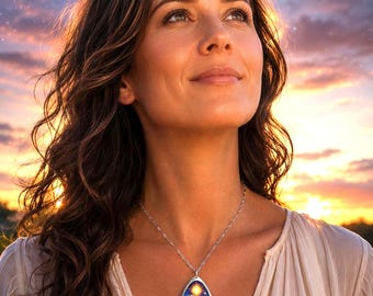 May include: A silver pendant necklace with an oval pendant. The pendant features a blue background with the words "Filled With Light" and a sun design. The woman in the image is wearing a cream top and looking upwards at the sky.