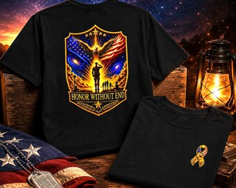 May include: Two black t-shirts. One displays a patriotic design with an eagle, American flag elements, and the text "Honor Without End." The other has a ribbon with flag colours. A U.S. flag and dog tags are also present.