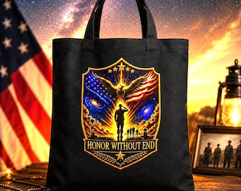 May include: Black tote bag with a patriotic design featuring an eagle, American flag, and the text "Honor Without End." The design includes a saluting soldier and stars. The bag has two black handles. The background includes the American flag and a starry sky.