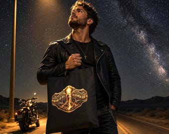 May include: Black tote bag with a gold emblem that reads "MADE OF DUST FILLED WITH LIGHT". The bag is held by a person wearing a black leather jacket and jeans. A motorcycle and a street lamp are in the background.