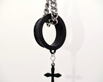 Cross Plug Earrings, 3D Printed Gauges, Silver Chain Dangle