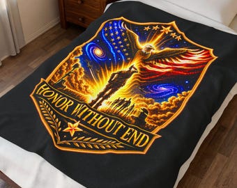 May include: Black blanket with a patriotic design featuring an eagle, the American flag, and the text "Honor Without End." The design includes stars, a soldier silhouette, and a golden glow. The blanket is on a bed with a white sheet.