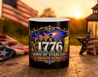 May include: Black ceramic mug with a patriotic design. The mug features the year "1776" in gold, an American flag, and the text "BORN OF STARLIGHT FORGED BY SACRIFICE". The background includes a starry sky and historical figures.