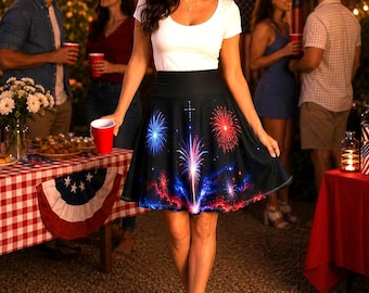 Liberty Sky Skater Skirt, Cosmic Fireworks Skirt, Patriotic Faith 4th of July Outfit