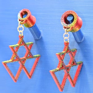 Celestial Star Dangle Earrings for Gauged Ears & Standard Piercings – Rainbow 3D Printed Plugs, Spiritual Statement Jewelry