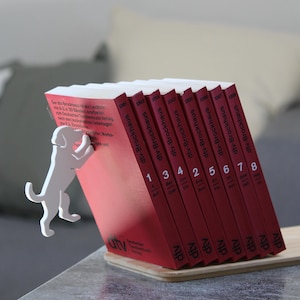 Magic book holder with dog, customizable, optical illusion effect, bookend, book stand, book display, book holder
