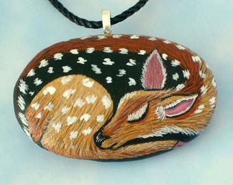 Unique ooak 3D wildlife painting-Native American art-mini sleeping fawn-deer-stone pendant necklace-hand painted rock-gift for naturalist