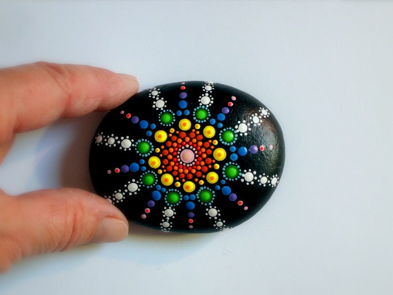 Mandala stones Etsy-unique ooak 3D art object-paperweight-paper weights-bohemian dot art-rainbow-painted rock-Zen chakra art-meditation-glow image 2