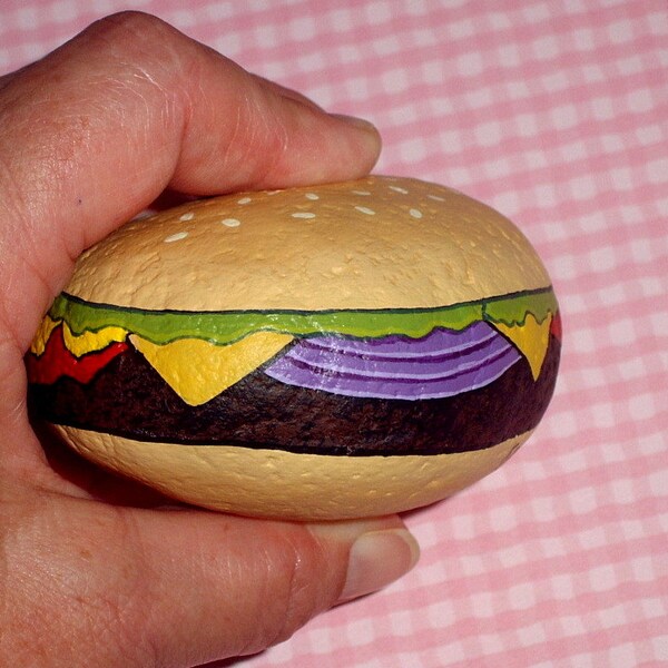 Deluxe de hamburguesa, hamburguesa, acción de Gracias, regalo de la novedad, decoración de la cocina, regalo para gourmet, arte, regalo para él, caprichosa, pintó roca