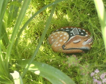 Miniature animal for fairy garden, sleeping whitetail fawn, deer, DIY terrariums, ooak painted rocks, home & living decor, rustic woodland