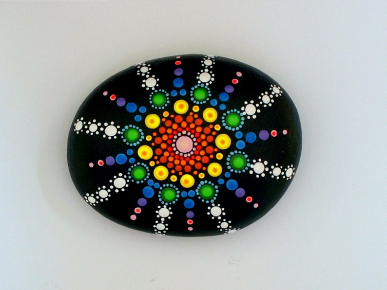 Mandala stones Etsy-unique ooak 3D art object-paperweight-paper weights-bohemian dot art-rainbow-painted rock-Zen chakra art-meditation-glow image 1